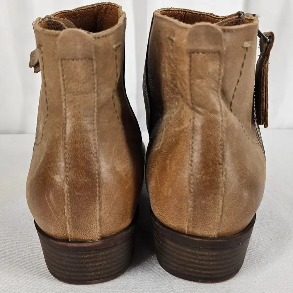 LUCKY BRAND BLANDRE TAN LEATHER BOOTIES – WOMEN’S SIZE 9M – SIDE ZIP – LOW HEEL
